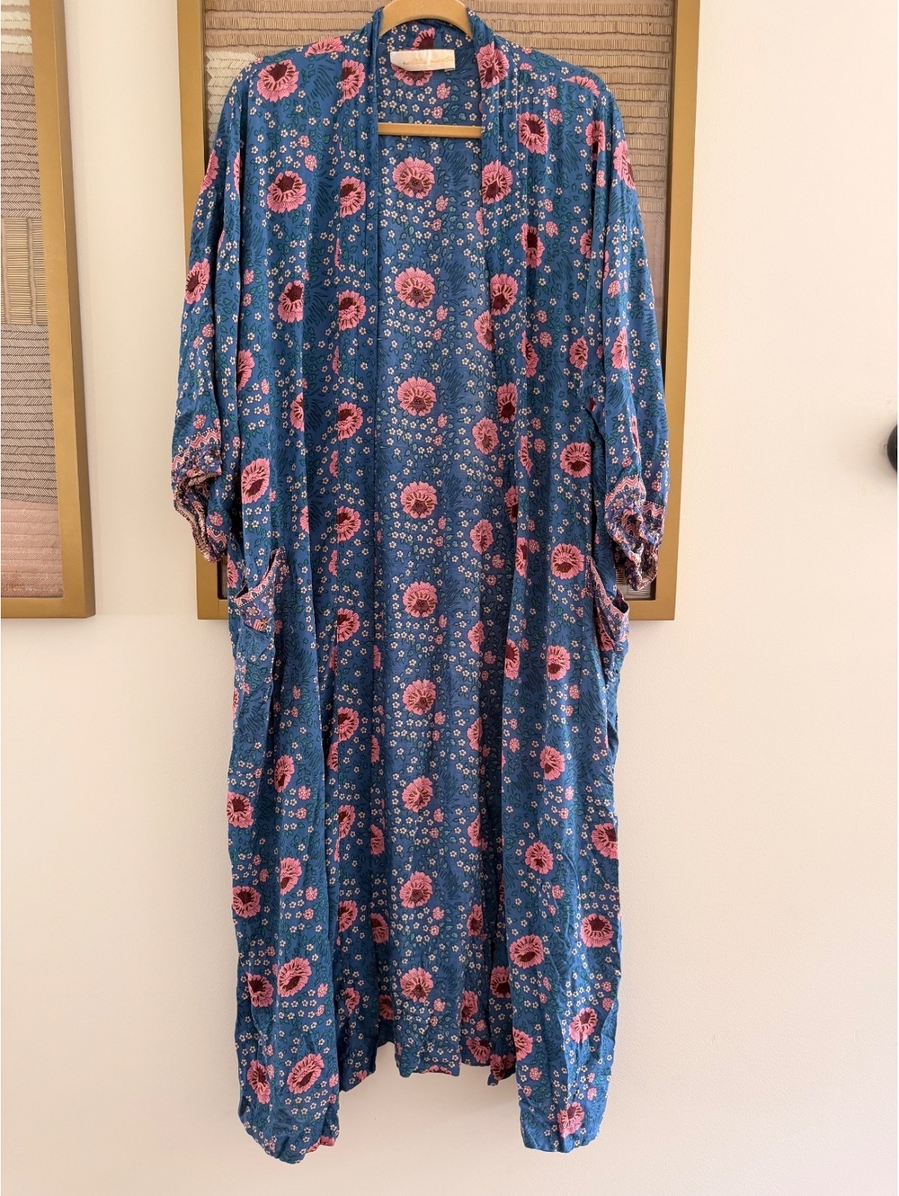 Natalie Martin Floral Pattern Blue Long Duster Kimono Robe Coat Jacket Medium